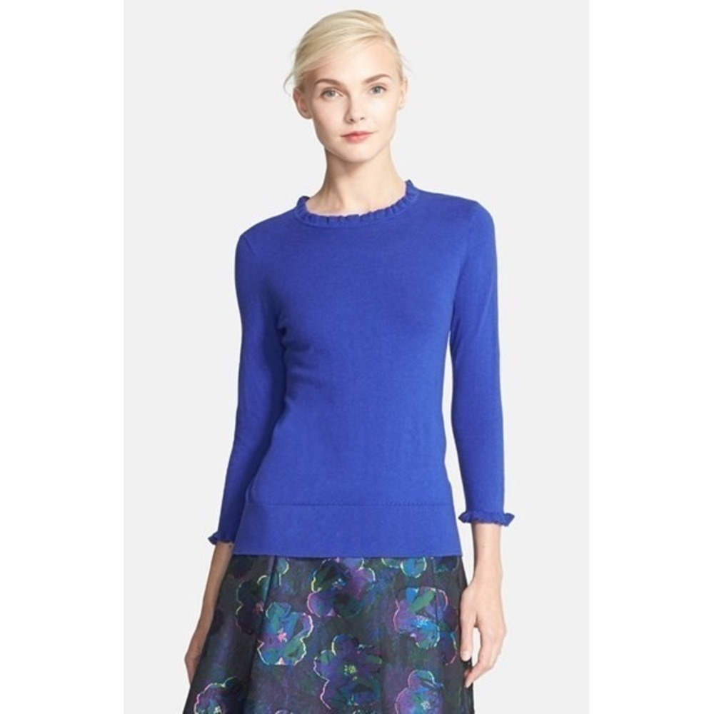 Kate Spade New York Bekki Ruffle Sweater Womens XS Blue Cotton Cashmere Blend